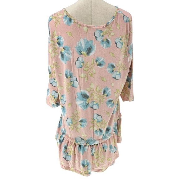 BE Stage Tunic Top Womens XL Floral Print Pink Blue Long Sleeve Ruffled Hem - Picture 2 of 8